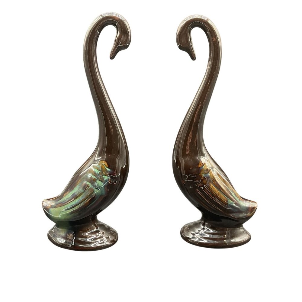 Vtg MCM Drip Glaze Ceramic Swan Sculptures By A Price Import Japan 9.5"H